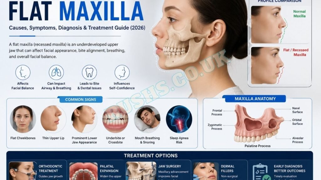 Medical infographic showing flat maxilla anatomy, symptoms, facial appearance comparison, diagnosis methods, and treatment options including orthodontics and jaw surgery.