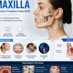 Medical infographic showing flat maxilla anatomy, symptoms, facial appearance comparison, diagnosis methods, and treatment options including orthodontics and jaw surgery.
