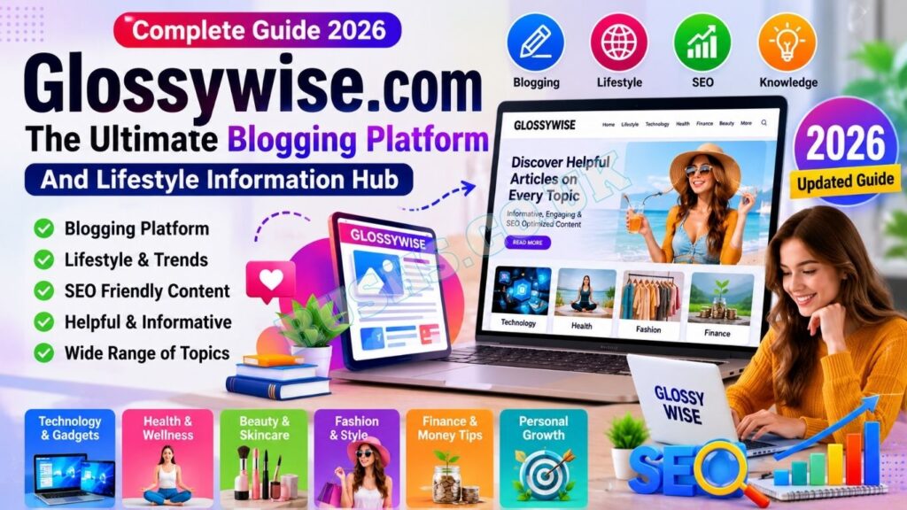 Illustration representing Glossywise com blogging platform featuring content creation, SEO optimization, lifestyle blogging, digital publishing, and online audience growth in 2026.