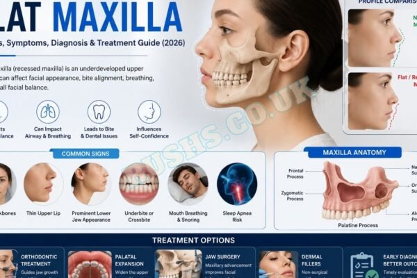 Medical infographic showing flat maxilla anatomy, symptoms, facial appearance comparison, diagnosis methods, and treatment options including orthodontics and jaw surgery.